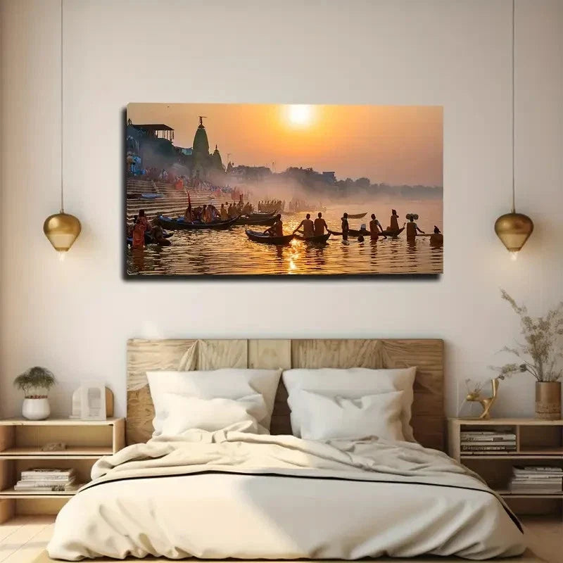 Gondolas On The Ganges Wall Art Canvas Office Home Room Framed 80x45cm