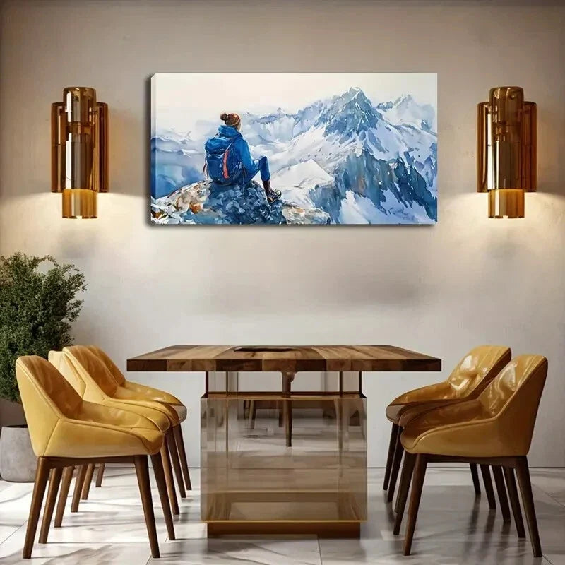 Mountain Summit with Climber Wall Art Canvas Office Home Room Framed 80x45cm