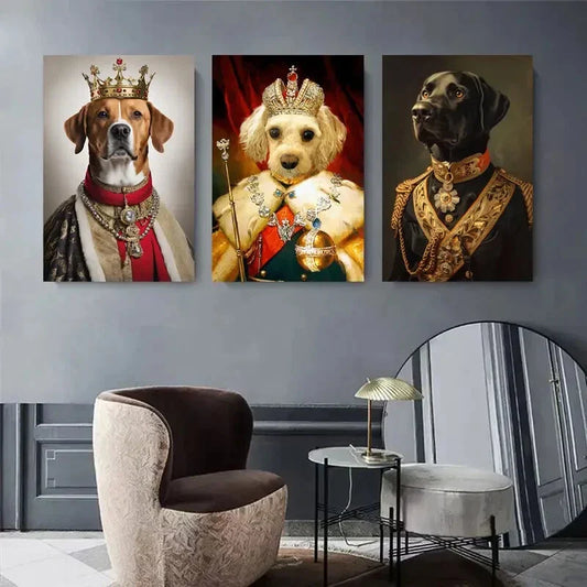 3pcs Dogs Dressed in Regal Crowns Metal Print Ready to Hang Art
