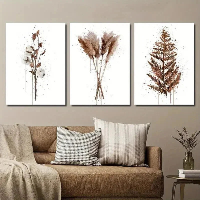 3pcs Brown Abstract Cotton Plant Print Wall Art Set Canvas Framed 40x60cm - High Quality Print 100% Australian Made Wall Canvas Ready to Hang