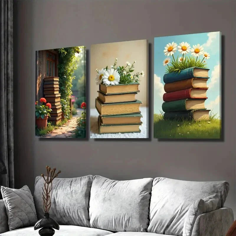 3pcs Charming Garden Path And Books Picture Wall Art Set Canvas Framed 40x60cm - High Quality Print 100% Australian Made Wall Canvas Ready to Hang