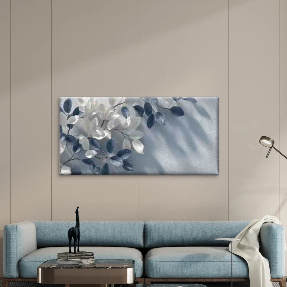 Blue White Leaves Wall Art Canvas Office Home Room Framed 120x60cm