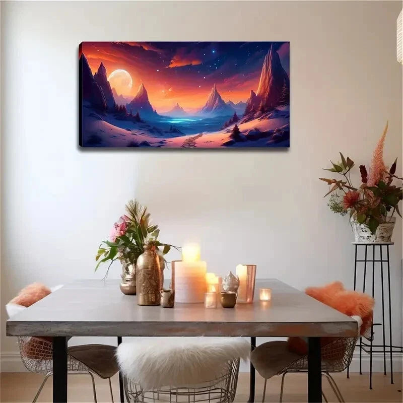 Snowy Peaks & Full Moon Scene Wall Art Canvas Office Home Room Framed 120x60cm