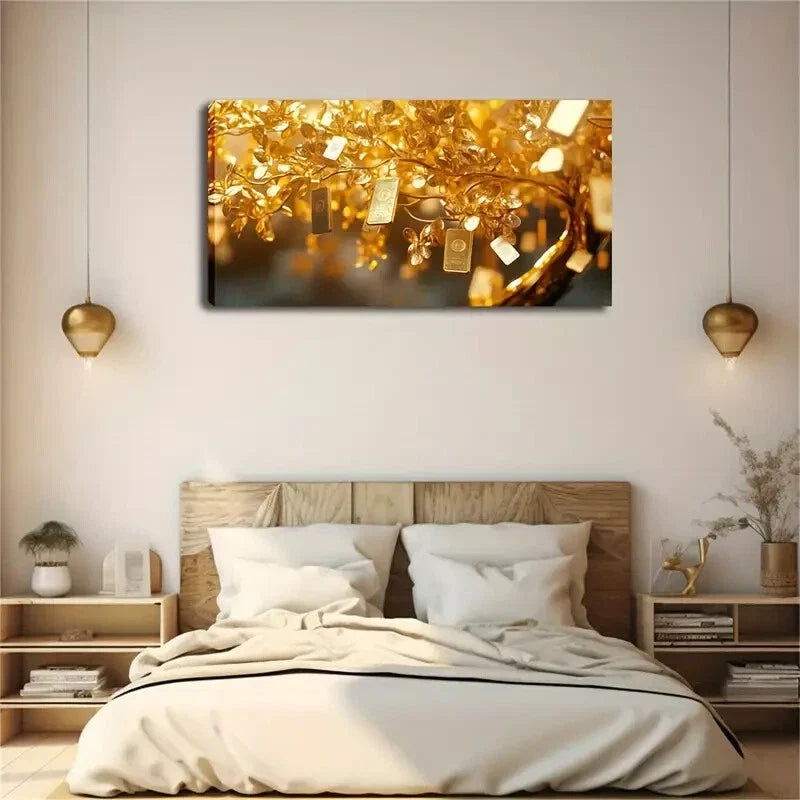 Golden Branches & Leaves Design Wall Art Canvas Office Home Room Framed 120x60cm
