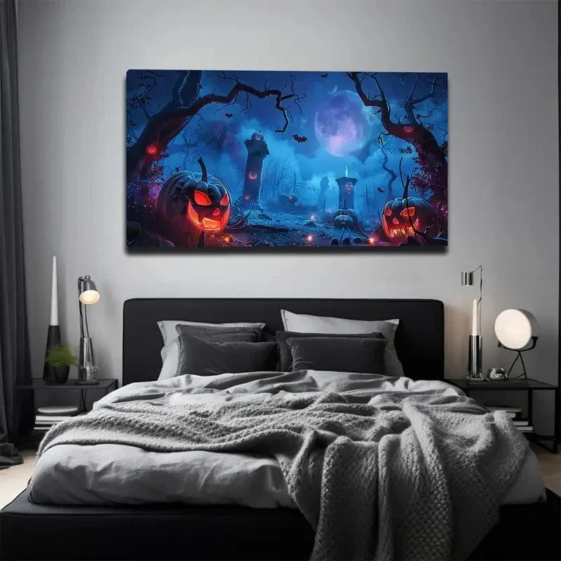 Castle & Graveyard Night Scene Wall Art Canvas Office Home Room Framed 120x60cm