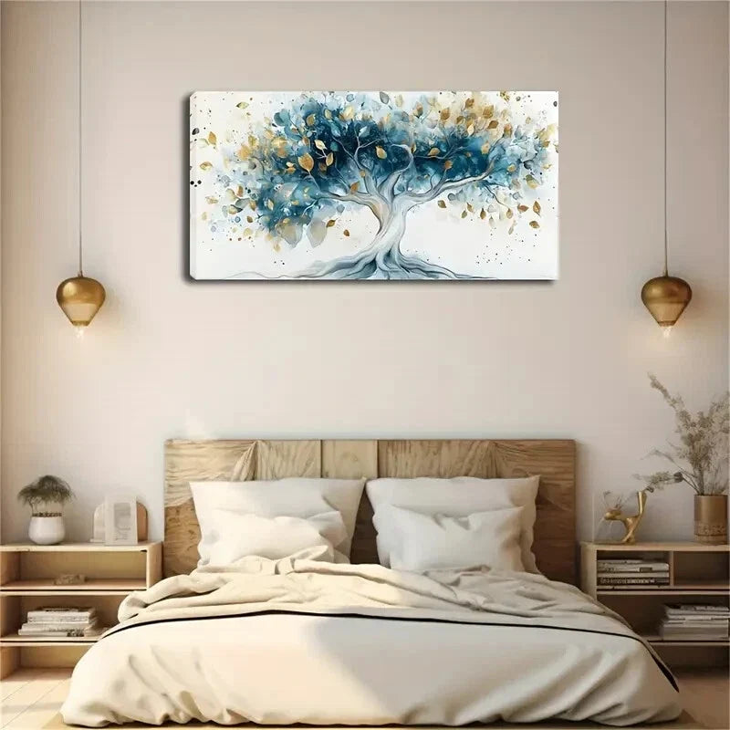Blue Tree with Golden Leaves Wall Art Canvas Office Home Room Framed 120x60cm