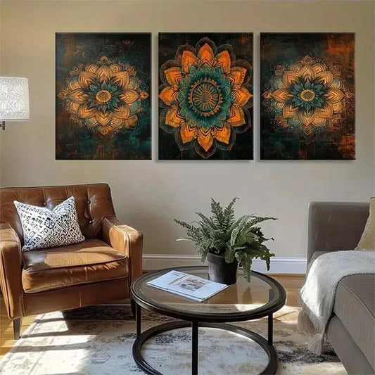 3pcs Mandala Flower Floral Mandala Teal Perfect Wall Art Set Canvas Framed 40x60cm - High Quality Print 100% Australian Made Wall Canvas Ready to Hang