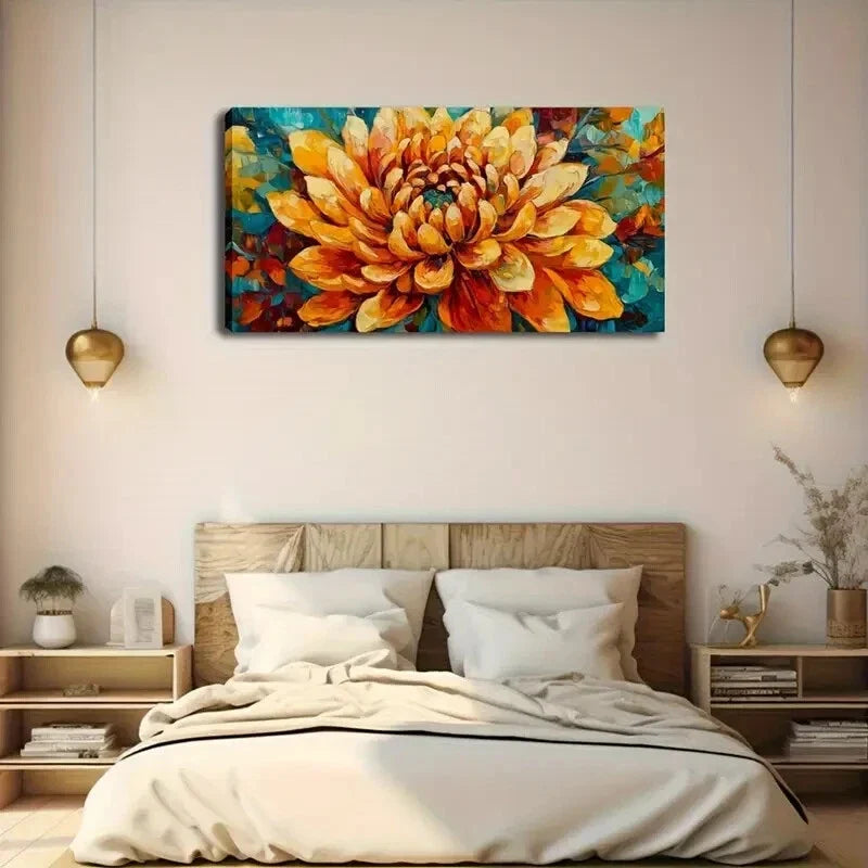 Orange and Yellow Floral Design Wall Art Canvas Office Home Room Framed 120x60cm