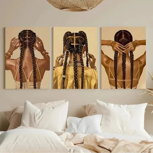 3pcs Fashion Braids Abstract Woman African Metal Print Ready to Hang Art