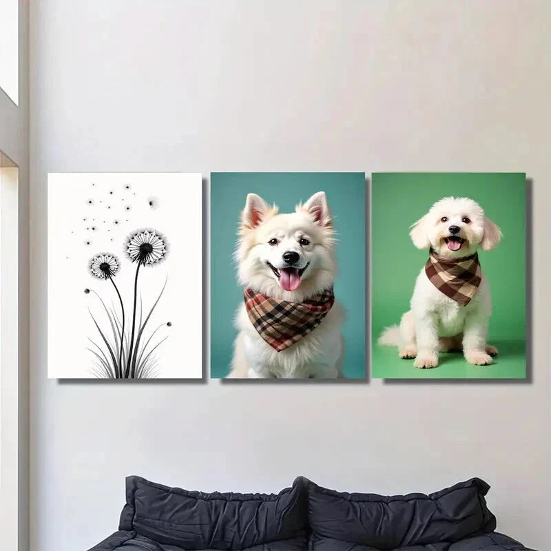 3pcs Dog Portraits & Dandelion Modern Metal Print Ready to Hang Art