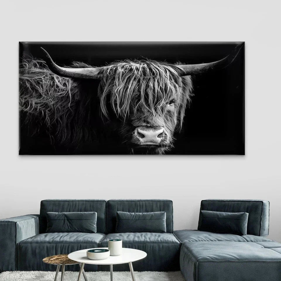 Black & White Highland Cow Wall Art Canvas Office Home Room Framed 120x60cm
