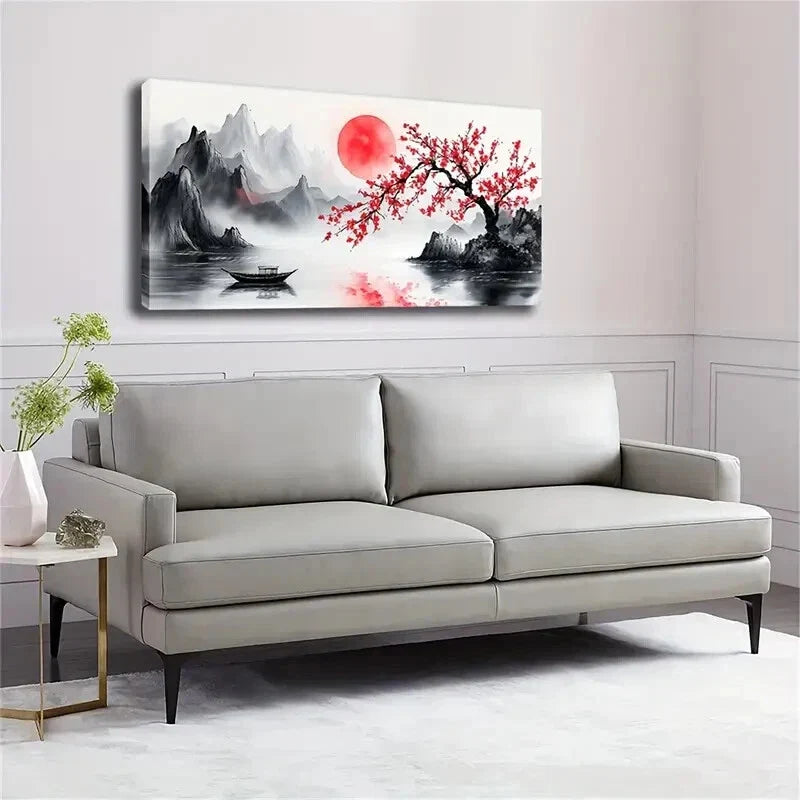 Red Plum Tree Serene Mountain Wall Art Canvas Office Home Room Framed 120x60cm