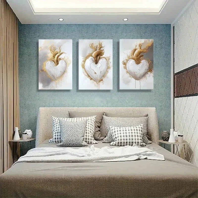 3pcs Modern Abstract Golden Heart White Perfect Wall Art Set Canvas Framed 40x60cm - High Quality Print 100% Australian Made Wall Canvas Ready to Hang