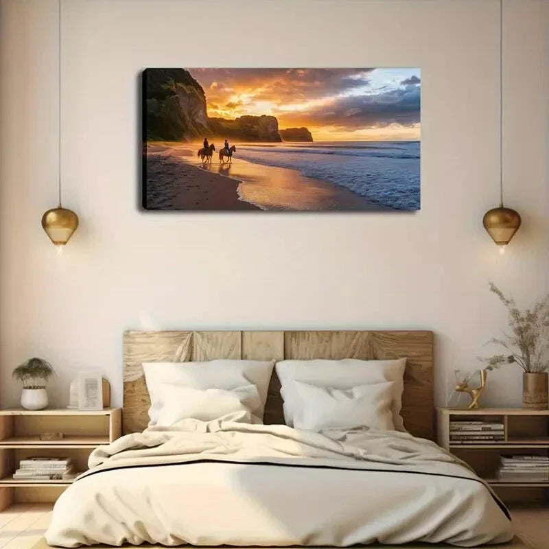 Serene Beach Scene Two Horse Wall Art Canvas Office Home Room Framed 120x60cm