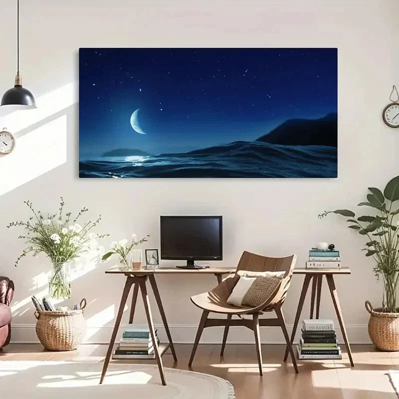 Moon Night Ocean Natural Wall Art Canvas Office Home Room Framed 120x60cm