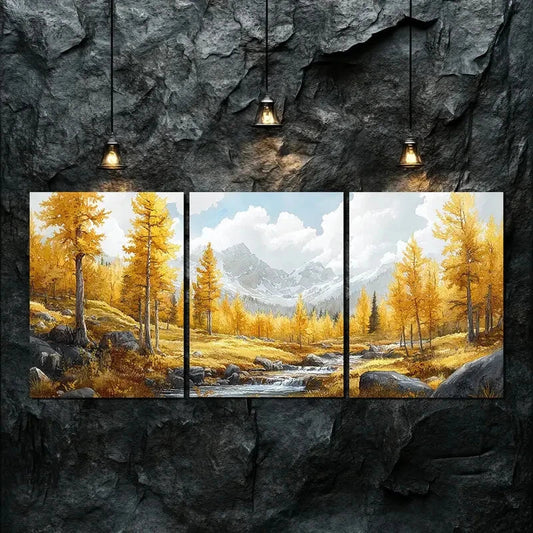 3pcs Mountain River Landscape Golden Perfect Wall Art Set Canvas Framed 40x60cm - High Quality Print 100% Australian Made Wall Canvas Ready to Hang