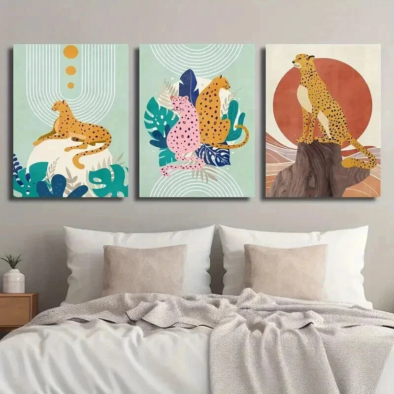 3pcs Abstract Cartoon Leopard And Plant Leaves Wall Art Set Canvas Framed 40x60cm - High Quality Print 100% Australian Made Wall Canvas Ready to Hang