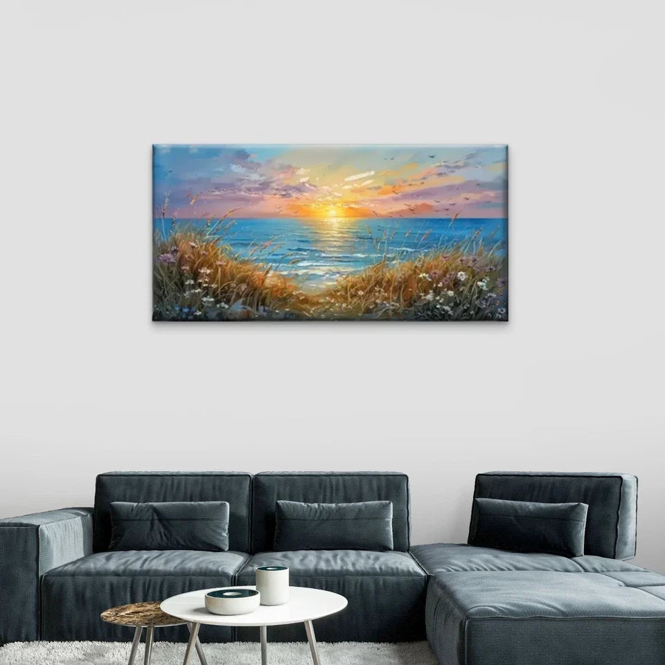 Ocean Sunset Flowers Field Wall Art Canvas Office Home Room Framed 80x45cm