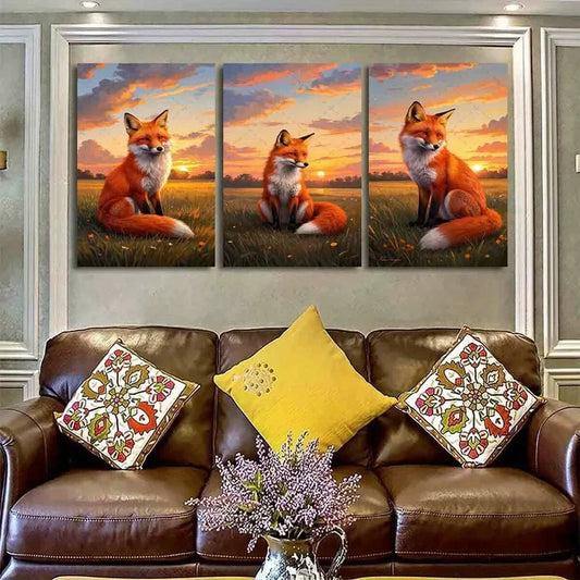 3pcs Vibrant Sunset Fox Nature Metal Print Ready to Hang Art