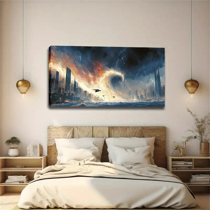 Urban Disaster & Aircraft Scene Wall Art Canvas Office Home Room Framed 120x60cm