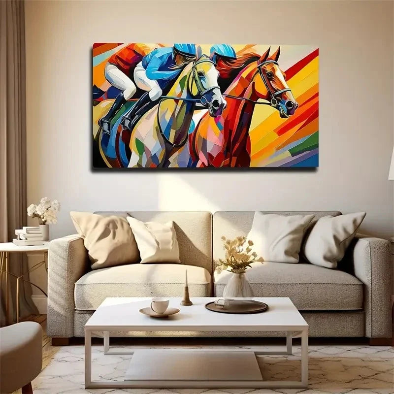 Racehorse Rider Bright Color Wall Art Canvas Office Home Room Framed 80x45cm