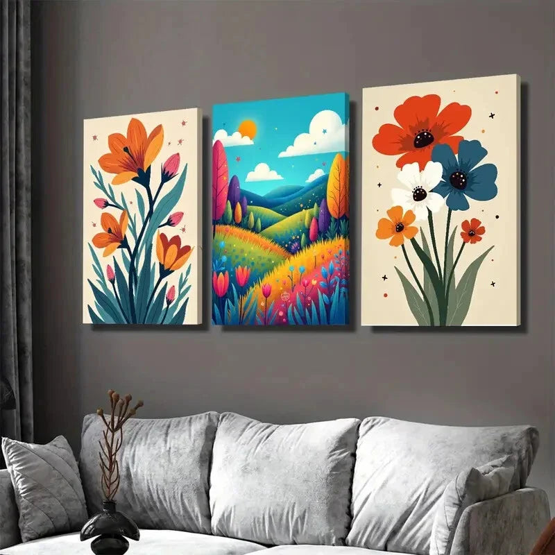 3pcs Colorful Floral Landscape Vibrant Modern Wall Art Set Canvas Framed 40x60cm - High Quality Print 100% Australian Made Wall Canvas Ready to Hang