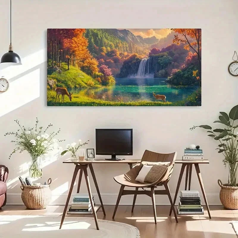 Rustic Wooden Waterfall & Deer Wall Art Canvas Office Home Room Framed 120x60cm