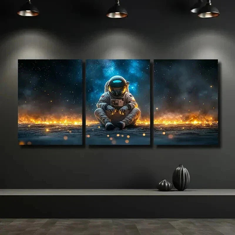 3pcs Astronaut Sitting On The Ground with Stars Wall Art Set Canvas Framed 40x60cm - High Quality Print 100% Australian Made Wall Canvas Ready to Hang
