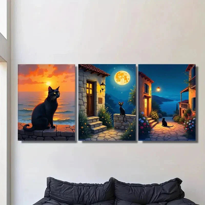 3pcs Black Cat Sunset & Moonlit Village Metal Print Ready to Hang Art