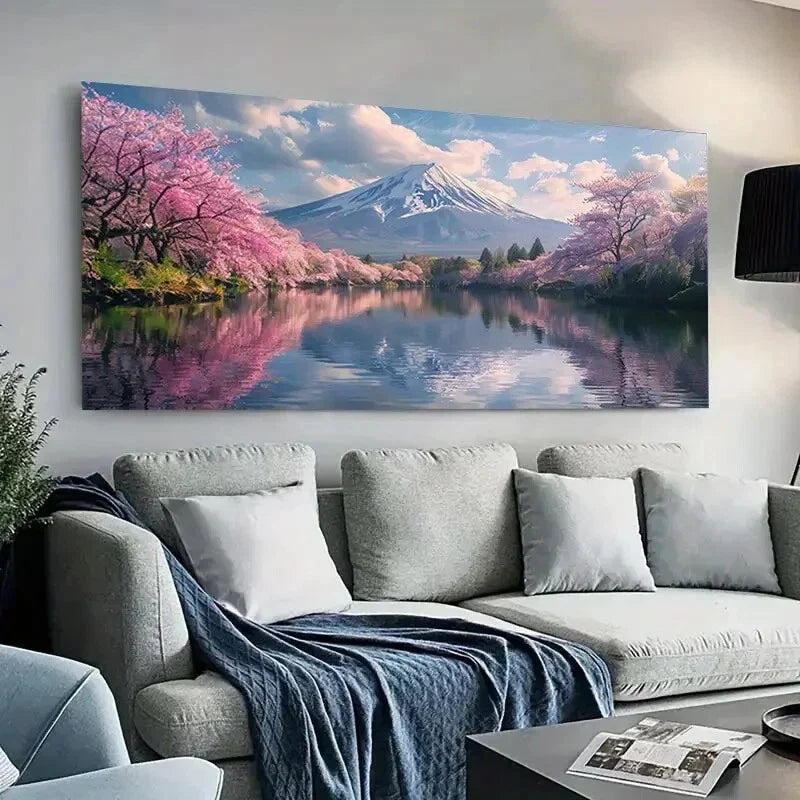 Serene Mount Fuji Cherry Sakura Wall Art Canvas Office Home Room Framed 120x60cm