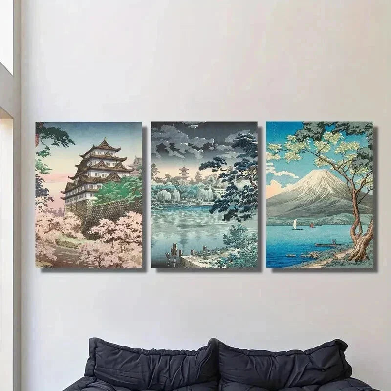 3pcs Japanese Retro Landscapes Decoration Wall Art Set Canvas Framed 40x60cm - High Quality Print 100% Australian Made Wall Canvas Ready to Hang