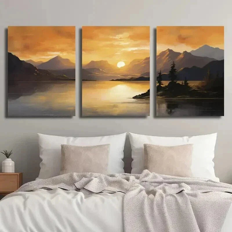 3pcs Sunset Mountain & Lake Landscape Wall Art Set Canvas Framed 40x60cm - High Quality Print 100% Australian Made Wall Canvas Ready to Hang