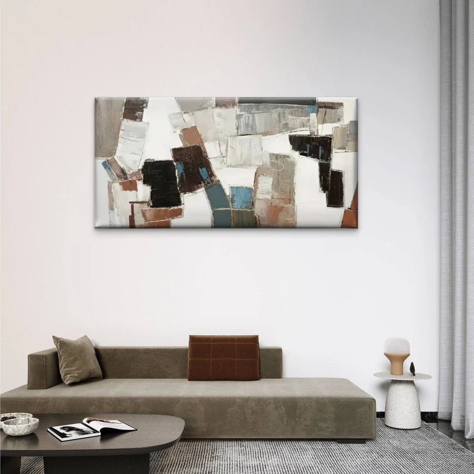 White & Brown Geometric Design Wall Art Canvas Office Home Room Framed 120x60cm