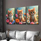 3pcs Charming Cat Trio Vibrant Floral Background Wall Art Set Canvas Framed 40x60cm - High Quality Print 100% Australian Made Wall Canvas Ready to Hang