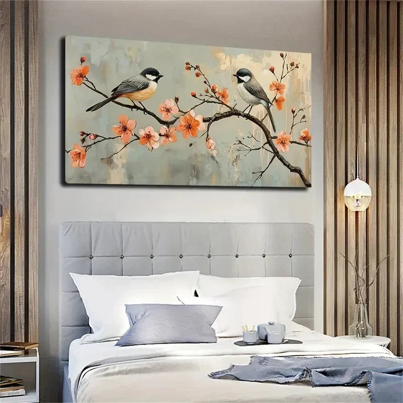 Two Birds on Pink Flower Branch Wall Art Canvas Office Home Room Framed 120x60cm