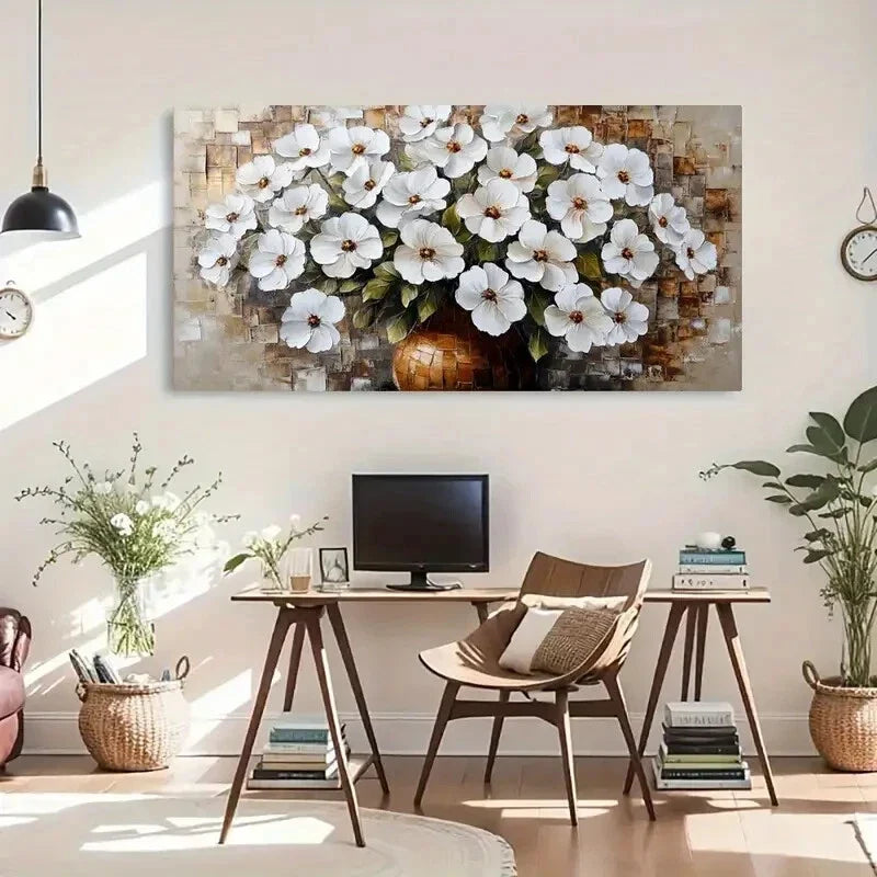 Elegant White Flowers in Vase Wall Art Canvas Office Home Room Framed 80x45cm