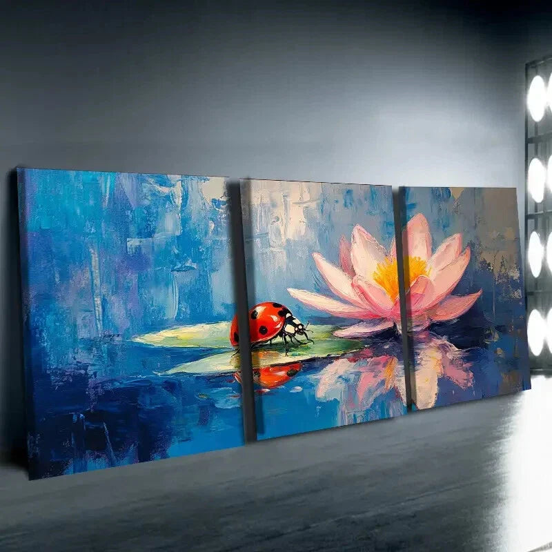 3pcs Ladybug & Water Lily Painting Bug Floral Wall Art Set Canvas Framed 40x60cm - High Quality Print 100% Australian Made Wall Canvas Ready to Hang