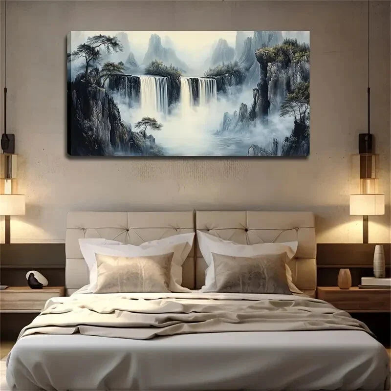 Serene Mountain Waterfall Scene Wall Art Canvas Office Home Room Framed 120x60cm
