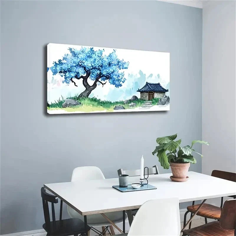 Blue Floral Tree Stone Cottage Wall Art Canvas Office Home Room Framed 120x60cm
