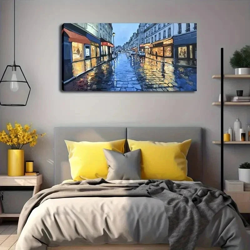 Rainy Night City Street Scene Wall Art Canvas Office Home Room Framed 120x60cm