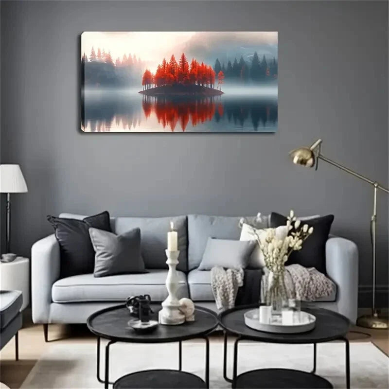 Red Tree Lake Scene Vibrant Wall Art Canvas Office Home Room Framed 120x60cm