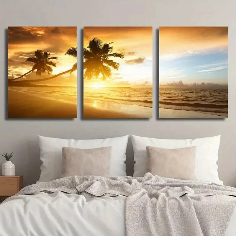 3pcs Vibrant Beach Coast Scenery Coconut Trees Metal Print Ready to Hang Art