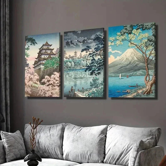 3pcs Japanese Retro Landscapes Decoration Wall Art Set Canvas Framed 40x60cm - High Quality Print 100% Australian Made Wall Canvas Ready to Hang