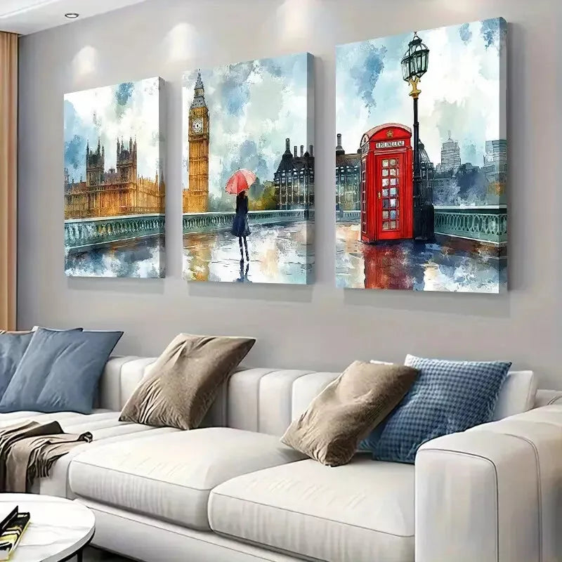 3pcs elegant London Landmarks watercolor Wall Art Set Canvas Framed 40x60cm - High Quality Print 100% Australian Made Wall Canvas Ready to Hang