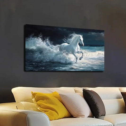 White Horse Galloping In Ocean Wall Art canvas office home room framed 120x60cm