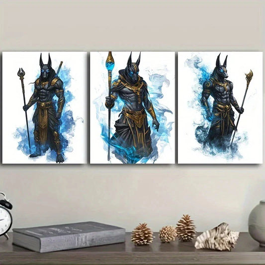 3pcs Blue Armor Anubis Painting Metal Print Ready to Hang Art