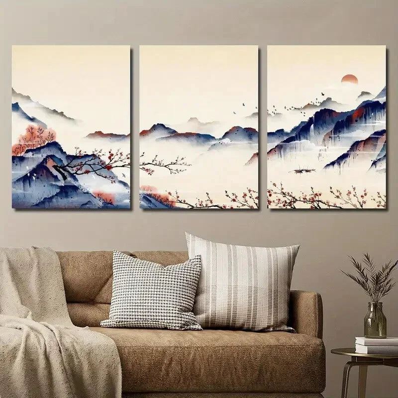 3pcs Chinese Painting of Mountains and Red Plums Wall Art Set Canvas Framed 40x60cm - High Quality Print 100% Australian Made Wall Canvas Ready to Hang