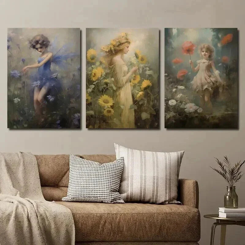 3pcs Meadow Fairy Print Vintage Fairy Mural Wall Art Set Canvas Framed 40x60cm - High Quality Print 100% Australian Made Wall Canvas Ready to Hang