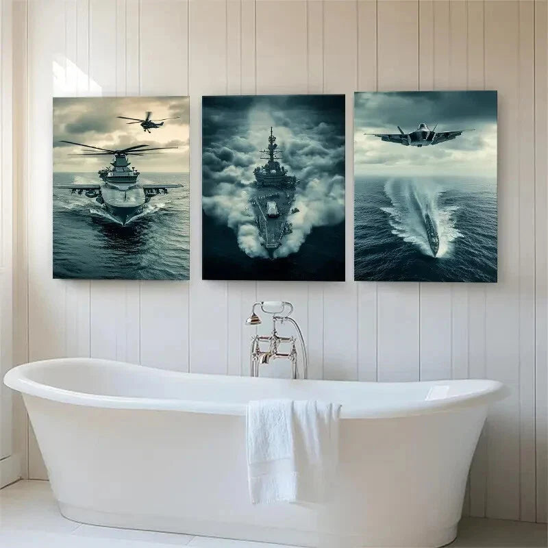 3pcs Aircraft Carrier Battleship & Fighter Jet Wall Art Set Canvas Framed 40x60cm - High Quality Print 100% Australian Made Wall Canvas Ready to Hang