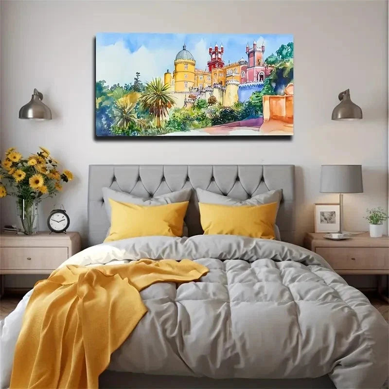 Coconut Tree And Castle Wall Art Canvas Office Home Room Framed 120x60cm